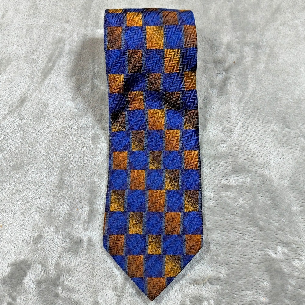 Vintage Ermenegildo Zegna Tie Men 57X3.75 Blue Yellow Abstract Silk Made Italy